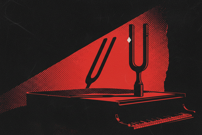 Red and black halftone illustration: a tuning fork standing upright on a closed piano lid in a dim room (TheNotificationApp)