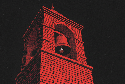 Red and black halftone illustration: a bell tower on a plain brick facade, one bell visible in the open arch (TheNotificationApp)