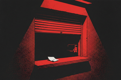 Red and black halftone illustration: a service window in a plain wall, its shutter half raised on darkness behind (TheNotificationApp)