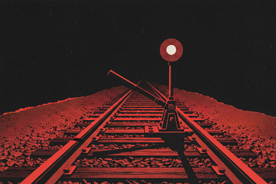 Red and black halftone illustration: a rail yard at night, a single switch stand thrown hard against the line while the tracks run on past (TheNotificationApp)