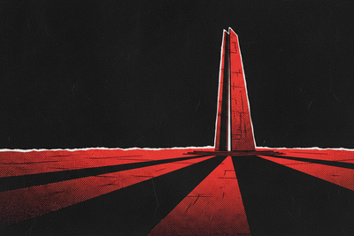 Red and black halftone illustration: a sharp triangular concrete monument at the edge of a dark empty plaza, lit hard from below (TheNotificationApp)