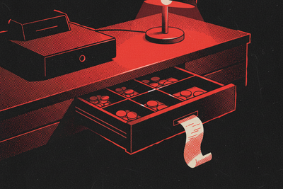 Red and black halftone illustration: a cash drawer sliding open on a dark counter, coins settled in the trays (TheNotificationApp)
