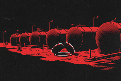 Red and black halftone illustration: a row of buried storage tanks in a yard with one inspection hatch standing open (TheNotificationApp)