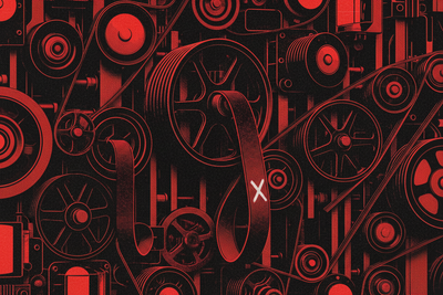Red and black halftone illustration: a wall of interconnected pulleys and drive belts, one belt slipped off its wheel and hanging slack (TheNotificationApp)