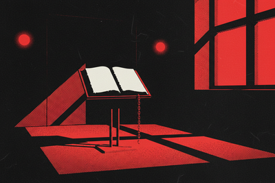 Red and black halftone illustration: a guest book open on a stand in an empty lobby, a pen on a chain beside it (TheNotificationApp)