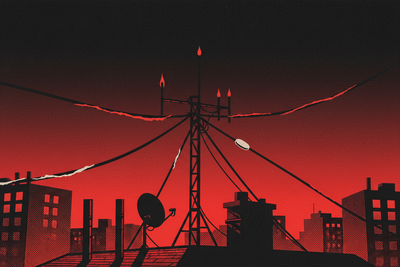 Red and black halftone illustration: a small private radio mast on a suburban rooftop at dusk, guy wires cutting the frame (TheNotificationApp)