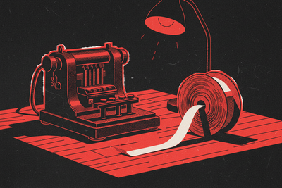Red and black halftone illustration: a telegraph key on a wooden desk beside a spool of paper tape half unwound (TheNotificationApp)