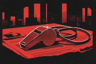 Red and black halftone illustration: a metal whistle on a leather cord lying on a dark table (TheNotificationApp)