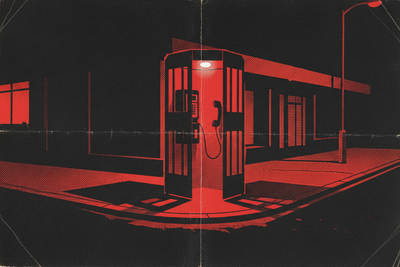 Red and black halftone illustration: a public telephone box on an empty street corner at night, receiver hanging off the hook on its cord (TheNotificationApp)