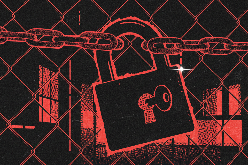 Red and black halftone illustration: a heavy padlock hanging open on a chain-link gate, the key still sitting in the barrel (TheNotificationApp)