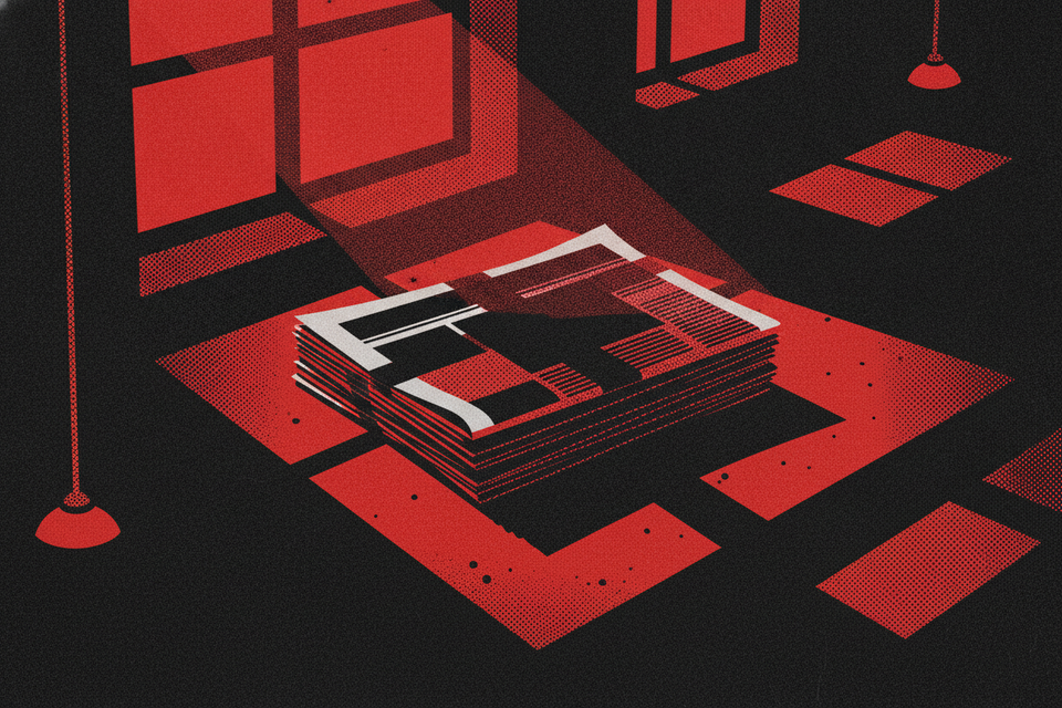 Red and black halftone illustration: a stack of newspapers on a doorstep at dawn, the top one still folded and unopened (TheNotificationApp)