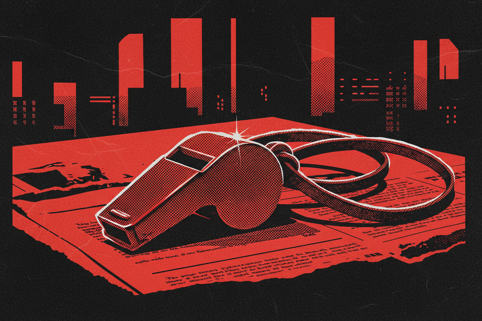 Red and black halftone illustration: a metal whistle on a leather cord lying on a dark table (TheNotificationApp)
